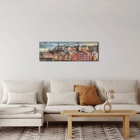 Obraz - domy nad rzeką (z zegarem) (90x30 cm)
