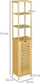 kleankin Wysoka Szafka Łazienkowa Bambusowa Żaluzjowe Drzwiczki 3 Półki 34x30x173cm | Aosom PL