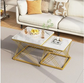 Zestaw 2 kwadratowych stolików kawowych - 60x60x45 + 45x45x40 cm - Efekt marmuru - MDF drewno i metal - Biały + złoty