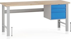 Stół warsztatowy z regulacją wysokości G7, blat bukowy, 2000 x 800 x 840-1040 mm, 1x kontener, 3x szuflada, niebieski