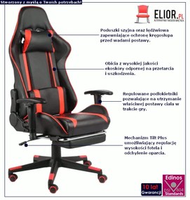 Czarno-czerwony fotel gamingowy z podnóżkiem - Epic Egra