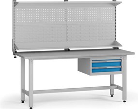Stół warsztatowy z regulacją wysokości G5 z panelem, 1800 x 750 x 800-1000 mm, 1x kontener, 2x szuflada, niebieski