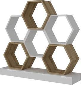 Nowoczesny regał w kolorze białym i dębowym, 120 x 29,5 x 109 cm | Płyta wiórowa pokryta melaminą w 100%, grubość 18 mm | Stylowe miejsce do