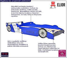 Niebieskie łóżko dziecięce auto z lampkami LED 90x200 - Orfeo