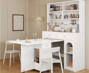 Zestaw mebli kuchennych - Zawiera 1 składany stół jadalniany + 1 kuchenny kredens - z kółkami ułatwiającymi przemieszczanie - biały