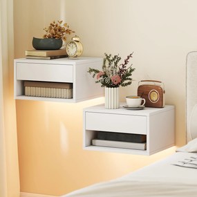 HOMCOM Zestaw stolików nocnych 2 szt. z oświetleniem RGB-LED, unoszący się stolik nocny z szufladą i otwartą półką, biały | Aosom PL