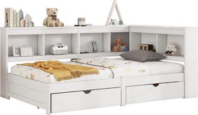 Łóżko 90 x 200 cm, sofa rozkładana - 2 szuflady, półki do przechowywania i 2 gniazda USB - Płyta wiórowa - Biały