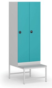 Szafka ubraniowa z ławką, 2-drzwiowa, 1875 x 600 x 500/800 mm, demontaż, zamek RFID, drzwi zielone