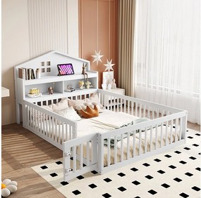 Łóżko dziecięce 140 x 200 z kratką ochronną i drzwiczkami - Drewno lite - Półki i przechowywanie - Białe