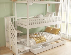 Łóżko piętrowe dziecięce 90×200 cm - design z barierką bezpieczeństwa - z 2 szufladami - drabinka bezpieczeństwa - białe