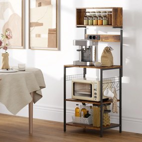 HOMCOM Regał kuchenny, regał stojący z 5 hakami S, 5 półkami, gniazdko, stalowy, Rustykalny brąz, 60 x 42 x 153 cm