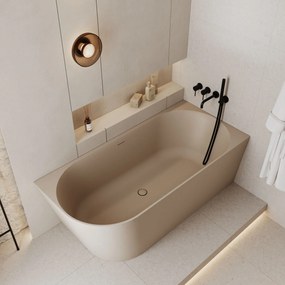 Wanna wolnostojąca narożna WALL White Matt / Glow prawa z konglomeratu biała błyszcząca/matowa 160 x 75 cm z przelewem typu SLIM : Kolor wanny - Beż matowy