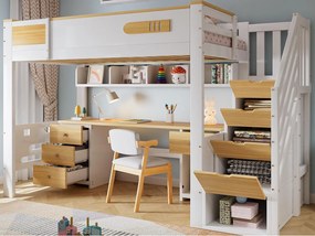 Łóżko antresolowe dziecięce 90x200 cm - z biurkiem i szufladami - schody z miejscem do przechowywania - lite drewno + MDF - Biały + Naturalny (bez materaca)