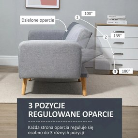 HOMCOM Sofa do spania, dwuosobowa sofa materiałowa, z funkcją spania, polyester stylizowany na len, drewno kauczukowe, 173 x 75 x 73 cm, szara