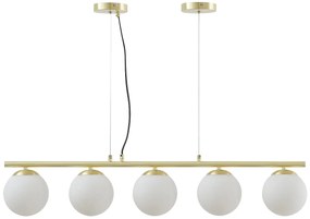 Żyrandol, metalowo-szklany z białymi kloszami - 5 kulistych kloszy - dł. 100 x wys. 120 cm - Złocony - SOFIA