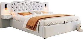 Łóżko 180x200 cm z lnu - 2 szafki nocne z gniazdem USB i lampkami - Beżowy