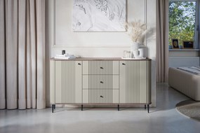 Komoda Vesper 160 cm z szufladami na nóżkach - kaszmir / orzech / czarne nogi