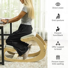 HOMCOM Fotel na kolanach z funkcją kołysania, z tkaniny lnianej i drewna brzozowego, 55x85x55 cm, Kremowy