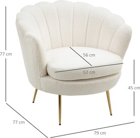 HOMCOM Fotel obity w kształcie muszli, Fotel relaksacyjny, Fotel do odpoczynku, Metalowe nogi w złotym kolorze, 79Dł x 77Szer x 77Wys cm, Biały