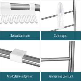 Składana suszarka do ubrań HOMCOM, przenośny suszarka na skrzydła, suszarka stojąca z teleskopowymi drążkami, stal nierdzewna, plastik, Srebrny, Biały, 60,5 x 148 x 98 cm