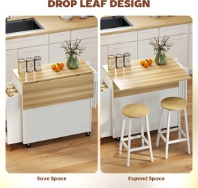 HOMCOM Wyspa kuchenna, wózek na kółkach z rozkładanym blatem, szuflada, półka, 120 x 68 x 85 cm, Biały