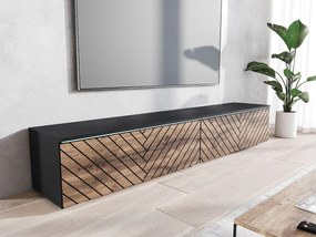 Nowoczesna szafka RTV 180 cm do salonu z LED – 2-drzwiowa, bezuchwytowa, czarny mat, stojąca lub wisząca, fronty wotan MDF jodełka