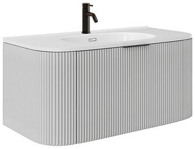 Podwieszana szafka łazienkowa prążkowana z umywalką nablatową i kranem – Matowa zieleń – 100 cm – LOMERI - Biały mat - 100 cm - LOMERI