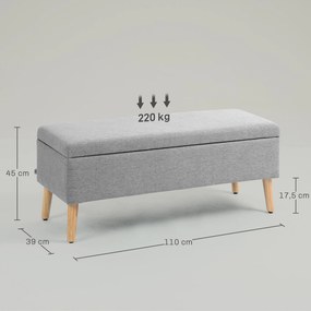HOMCOM Ławka tapicerowana z przestrzenią do przechowywania, wykończenie w wyglądzie lnu, nogi z drewna kauczukowego, do 220 kg, 110x39x45cm, szara