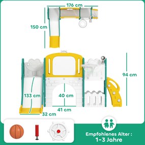 AIYAPLAY Zestaw zjeżdżalni 7 w 1 dla dzieci, kosz do koszykówki, motyw żabki, urządzenie do wspinaczki, siedzisko huśtawki, do użytku wewnętrznego i zewnętrznego, Żółty+Zielony