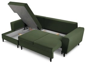 Zielony sztruksowy rozkładany narożnik ze schowkiem (lewostronny/z szezlongiem) Kyoto – Cosmopolitan Design