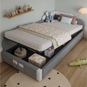 Łóżko dziecięce 90x200 cm z pojemnikiem, lewy panel boczny, szary welur – bez materaca