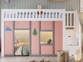 Łóżko antresolowe dziecięce 90x200 cm - z oświetleniem LED i strefą zabaw - schody z miejscem do przechowywania - lite drewno + MDF - Biały + Różowy (bez materaca)