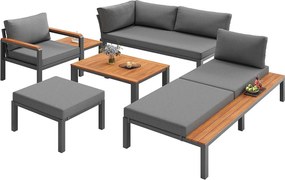 Modułowy zestaw salonu ogrodowego - na 6-7 osób - konstrukcja z żelaza ocynkowanego - ze stolikiem kawowym i podnóżkiem - Szary
