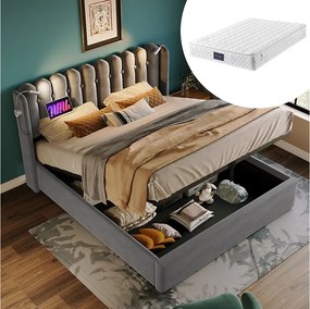 Łóżko z pojemnikiem 140 x 200 cm - Łóżko podwójne z lampką do czytania z akumulatorem - szary aksamit - materac w zestawie