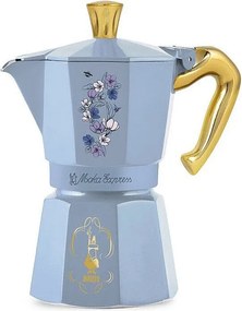 Włoski ekspres do kawy Bialetti Moka Express Birdgerton 6 filiżanek 250 ml niebieski w kwiaty z złotym uchwytem