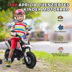 AIYAPLAY 12V Motocykl dla dzieci z kółkami bocznymi, LED, Muzyką, USB, Elektryczny motocykl dla chłopców i dziewcząt, Biały