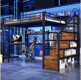 Metalowe łóżko piętrowe dla dzieci - 140 x 200 cm - z 2 szufladami + szafa + oświetlenie LED + biurko + drabinka - czarne