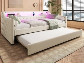 Rozkładana kanapa 90 x 200 cm - z oświetleniem LED - z wsuwanym łóżkiem - z USB - len - z stelażem lamelowym - beżowy