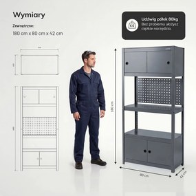 Metalowy regał warsztatowy z szafkami Johnny, 80 x 42 x 180 cm, kolor antracyt