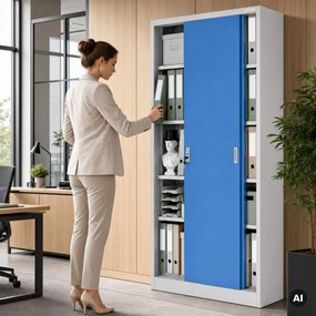 Szafa metalowa biurowa z drzwiami przesuwnymi szaro-niebieska, 900x1850x400 mm: KUBA