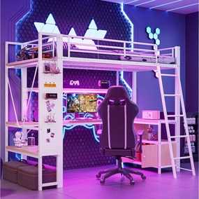 Łóżko piętrowe dla dzieci - 90 x 200 cm - rama żelazna - z diodami LED + biurko + półka + port USB - metalowe - białe