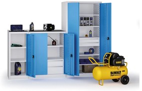 Szafa warsztatowa, 2 półki + 2 szuflady, 1180 × 950 × 500 mm, niebieskie drzwi