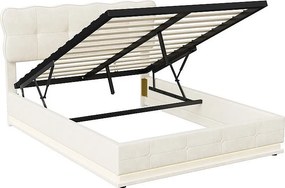 Łóżko podwójne 140x200 cm z hydraulicznym pojemnikiem, biały aksamit z LED RGB, pilot i wbudowane miejsce do przechowywania