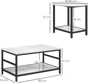 HOMCOM Zestaw Stolików Kawowych, 2 Pomocnicze Stoliki, Wygląd Marmuru, Regulowane Nóżki, Stal, Czarny/Biały