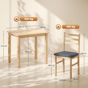 HOMCOM Zestaw 3-częściowy z stołem i 2 krzesłami, stół kuchenny do kompaktowych przestrzeni, tapicerowane krzesła, oszczędzające miejsce, MDF, naturalne drewno