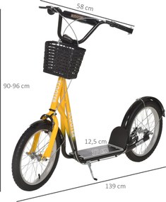 HOMCOM Hulajnoga dziecięca, regulowana, antypoślizgowa, stalowa rama, koszyk zdejmowany, hamulce, opony gumowe