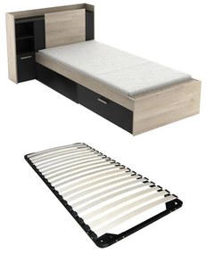 Łóżko 90 x 190/200 cm  ze schowkami - Czarny i naturalne drewno + Stelaż - MARTELO