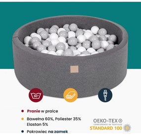 Okrągły suchy basen z piłeczkami 7cm dla dziecka, 90x30cm/200 piłek, bawełniany, czarny, piłki: żółte, pomarańczowe, niebieskie - meowbaby®
