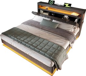Łóżko tapicerowane podwójne ze schowkiem - 160 x 200 cm - z zagłówkiem + USB + LED + schowek hydrauliczny - len - szary