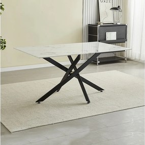 Prostokątny stół jadalniany z hartowanego szkła – Efekt białego marmuru i czarny metal – dla 6 osób – CHIARA